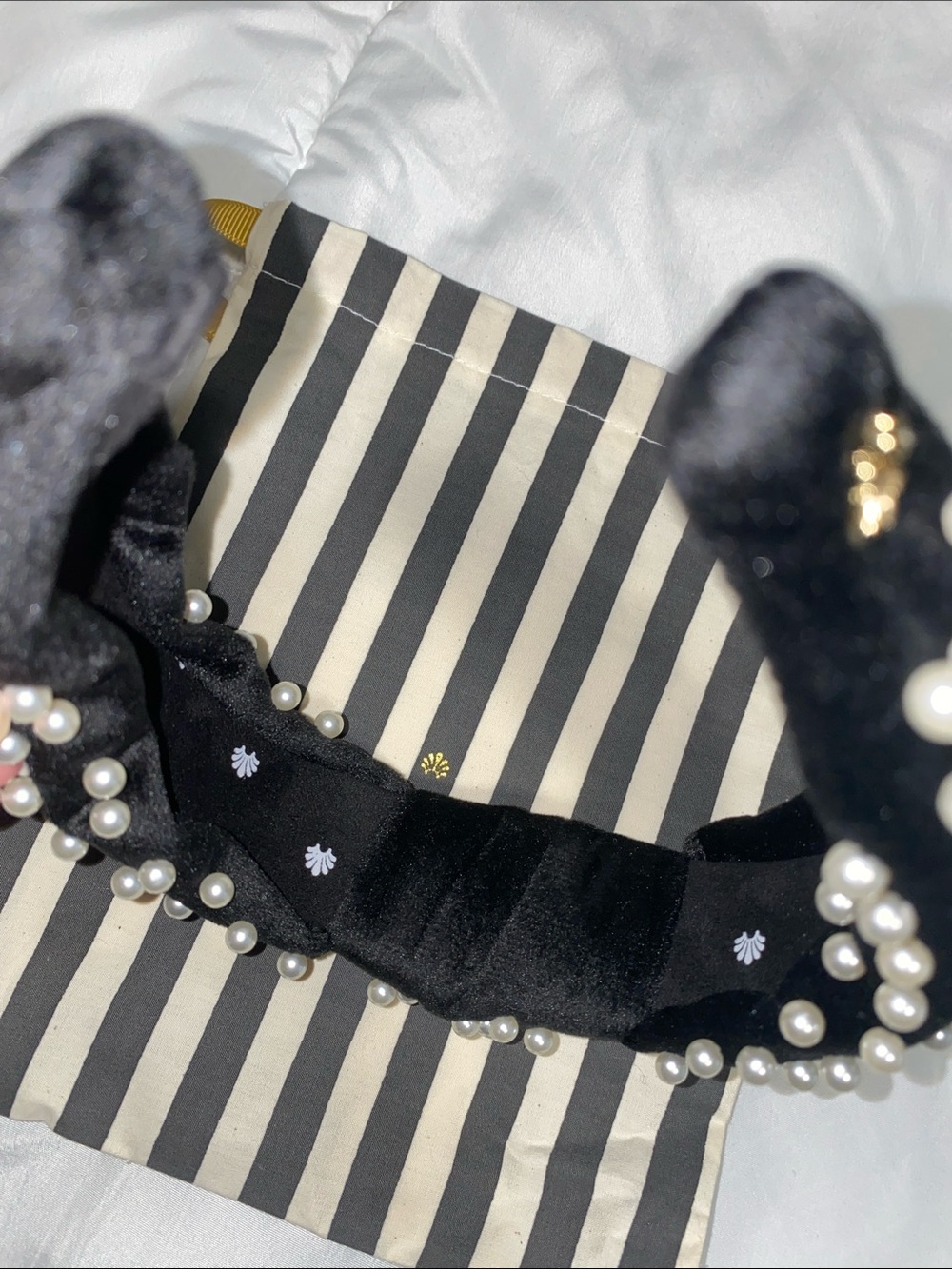 Lele Sadoughi Black Velvet Headband with Pearl Embellishments - Picture 4 of 4